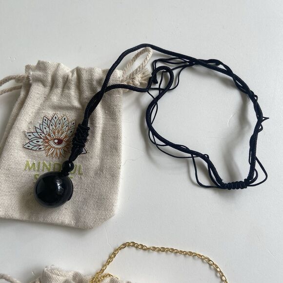Mindful Souls Black Obsidian Stone Necklace Sphere Root Chakra Pendant - Picture 1 of 2